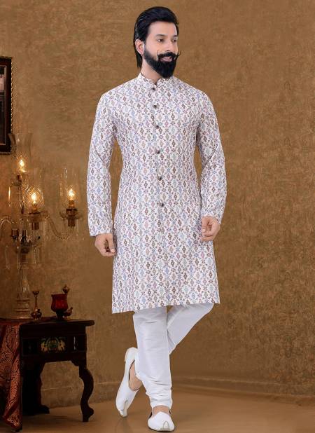 Off White Colour New Printed Ethnic Wear Cotton Mens Kurta Pajama Collection KS 1516